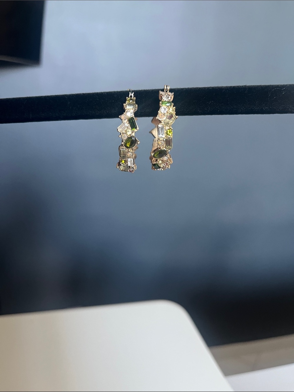 White House Black Market Gold-Tone Hoop Earrings with Green Crystals